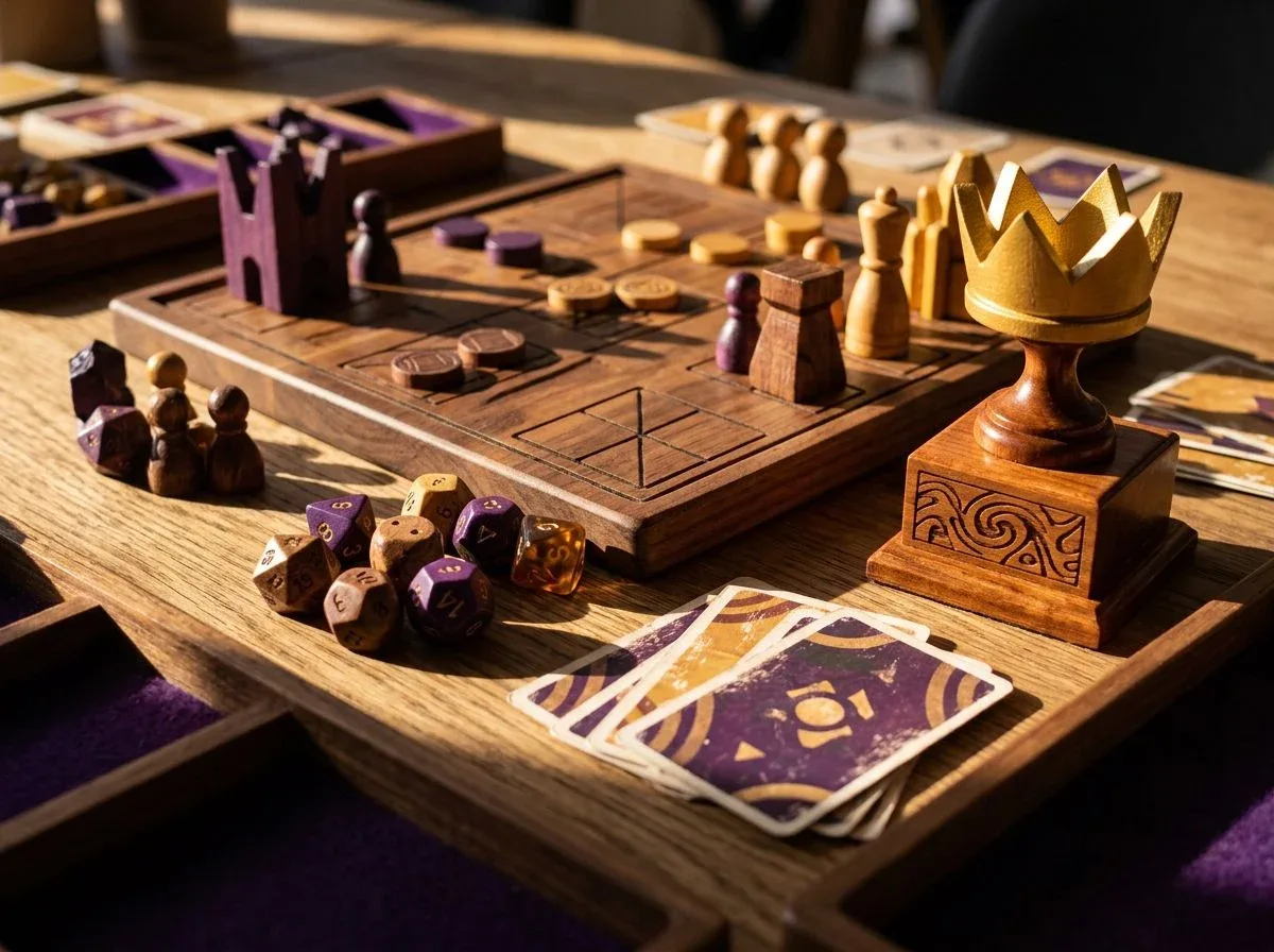 Jogos de tabuleiro artesanais, dados, cartas e um troféu de madeira sobre a mesa