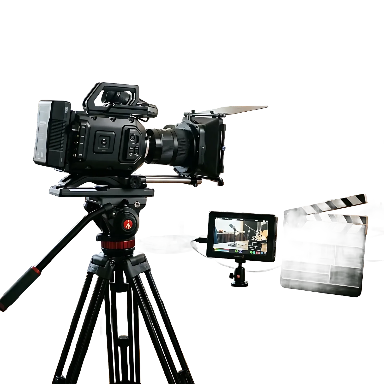 a professional video camera on a tripod, an editing monitor and a clapperboard on a wooden desk, soft studio lighting in the background